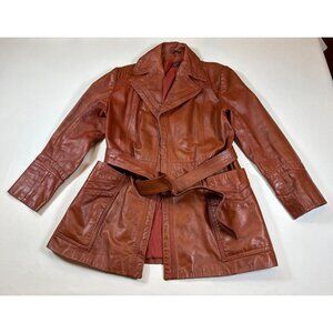 Vintage 70's Camel Brown Leather Trench Coat Belt & Pockets Sz Medium / large